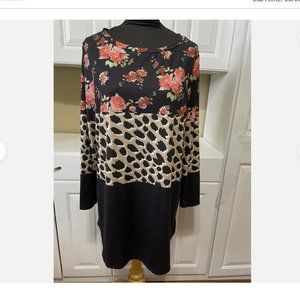 Womens Nanu Dress Size XL Black w/ Rose / Animal Print Long Sleeve Tunic Casual